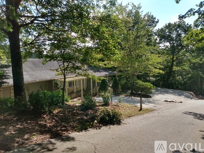 A house surrounded by trees and bushes with a driveway in front.