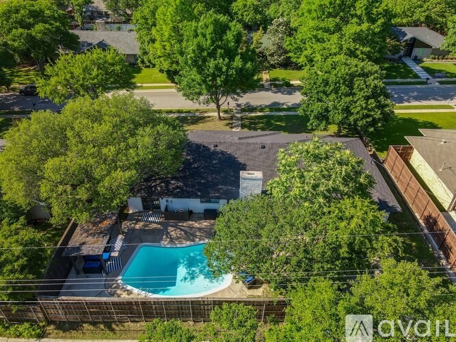 A backyard with a pool surrounded by trees.