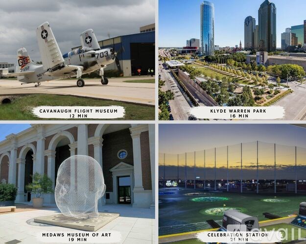 A collage of four images showcasing different attractions including a flight museum, a park, an art museum, and a celebration station.