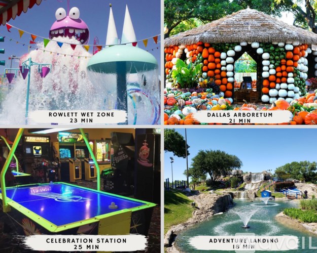 A collage of four different amusement park attractions, including a wet zone, arboretum, celebration station, and adventure landing.