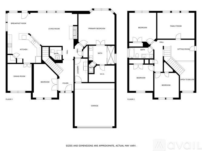 A black and white image of a floor plan for a two-story house.