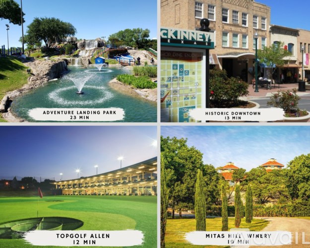 A collage of four images showcasing Adventure Landing Park, McKinney, Topgolf Allen, and Mitas Hill Winery.