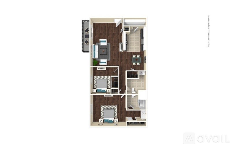 A floor plan of an apartment with a kitchen, living room, and two bedrooms.