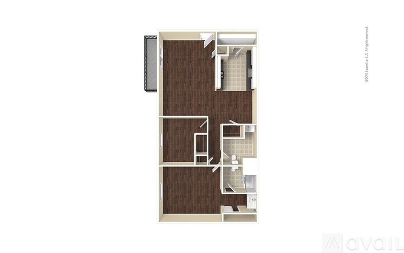 A floor plan of an apartment with a kitchen, living room, and two bedrooms.