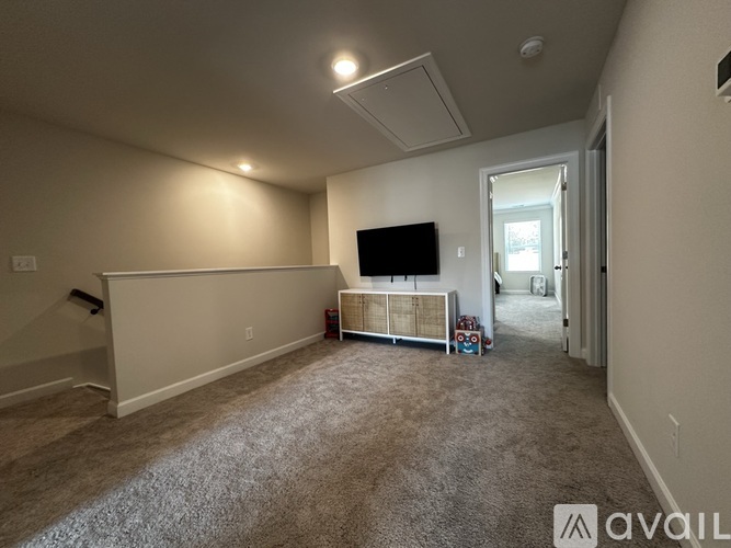A living room with a television and a carpeted floor.