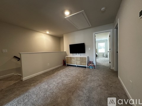 A living room with a television and a carpeted floor.