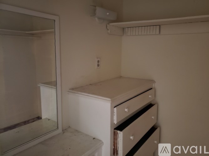 A white dresser with a mirror on the left side.