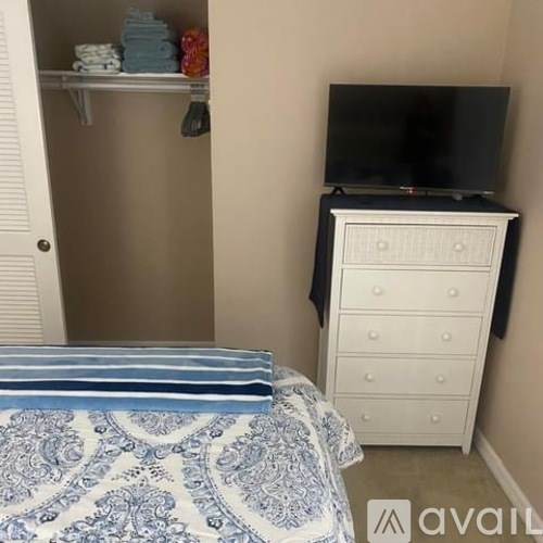 A bedroom with a bed, dresser, and television.