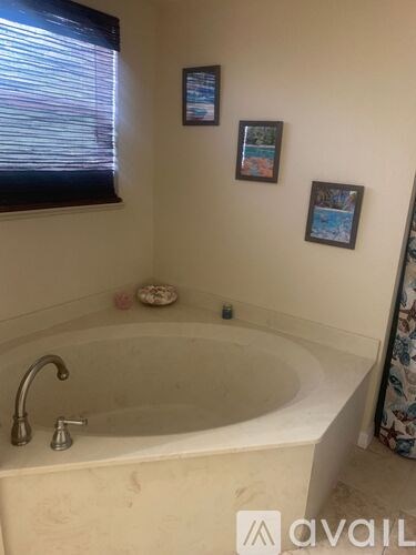 A bathroom with a tub and two pictures on the wall.