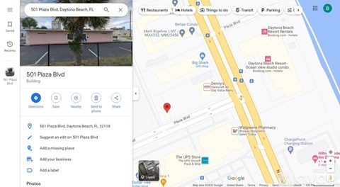 A map shows a location at 501 Plaza Blvd, Daytona Beach, FL.