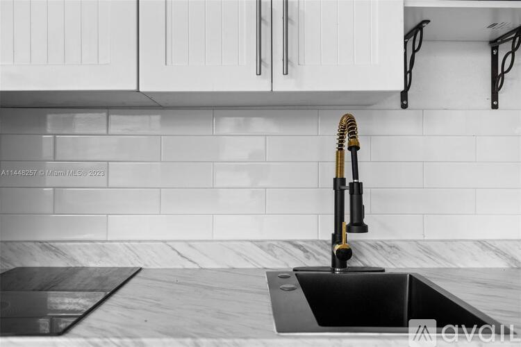 A black and gold vacuum cleaner stands on a black kitchen sink.