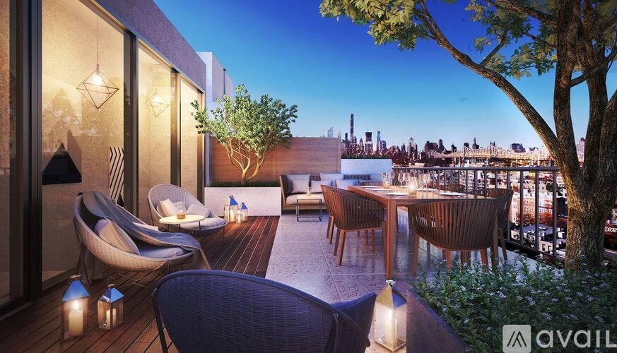 A patio with chairs and a table is set up for dining.