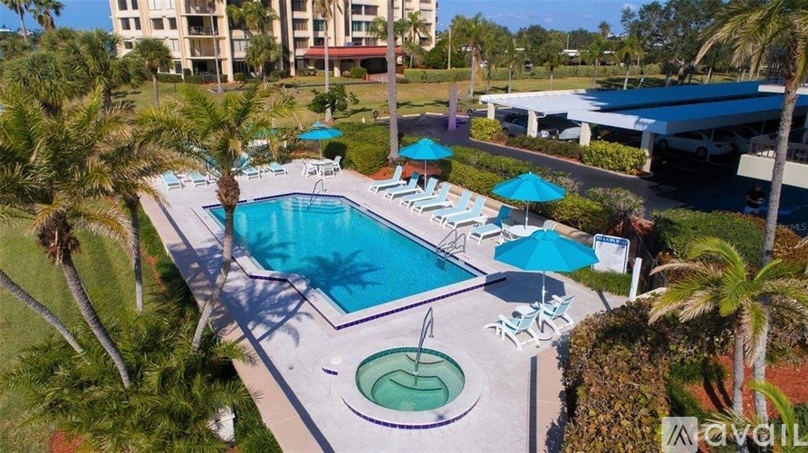 A pool surrounded by palm trees and lounge chairs.