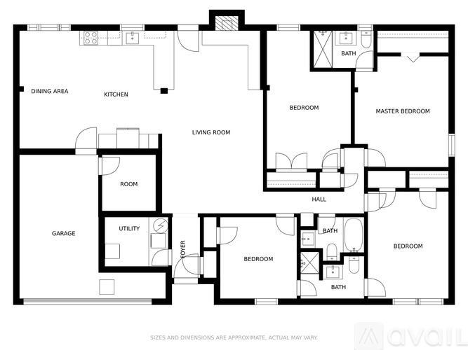 A floor plan of a house with labeled rooms such as a garage, living room, kitchen, dining area, and multiple bedrooms.