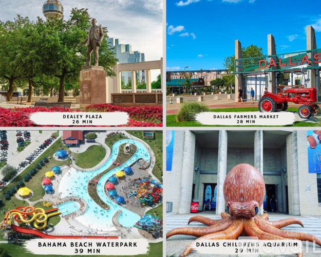A collage of four images showcasing Dealey Plaza, Dallas Farmers Market, Bahama Beach Waterpark, and Dallas Children's Aquarium.