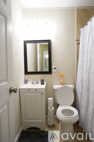 A bathroom with a toilet, sink, mirror and a white shower curtain.
