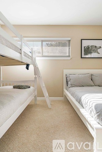 A white bunk bed in a room with a carpeted floor.