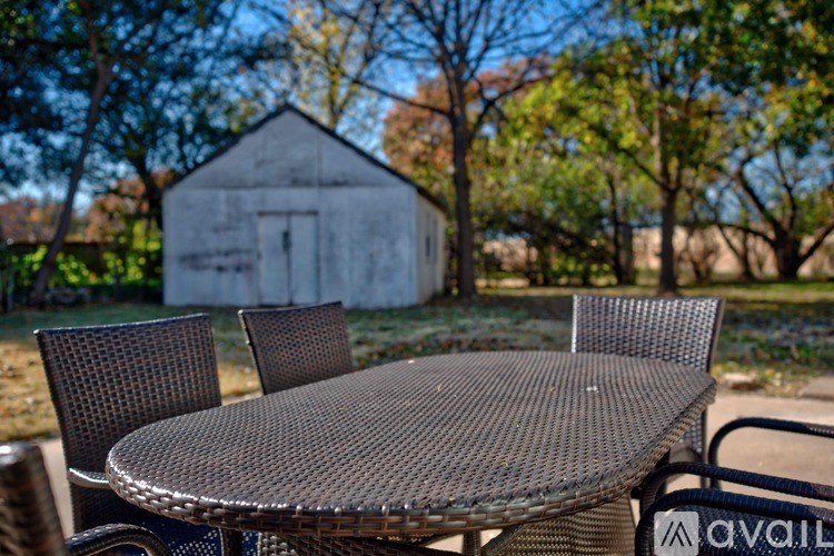 A table and chairs are set up outside in front of a shed.