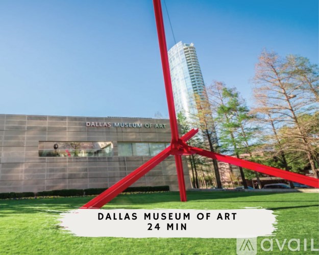 A large red sculpture stands in front of the Dallas Museum of Art.