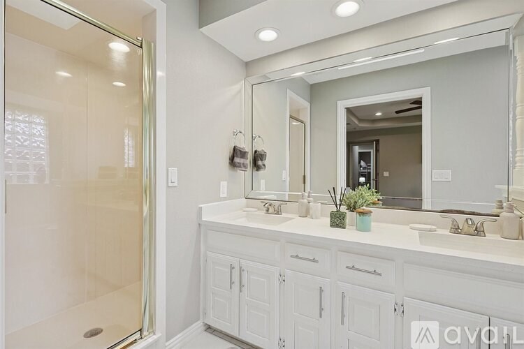 A bathroom with a white vanity and a walk-in shower.