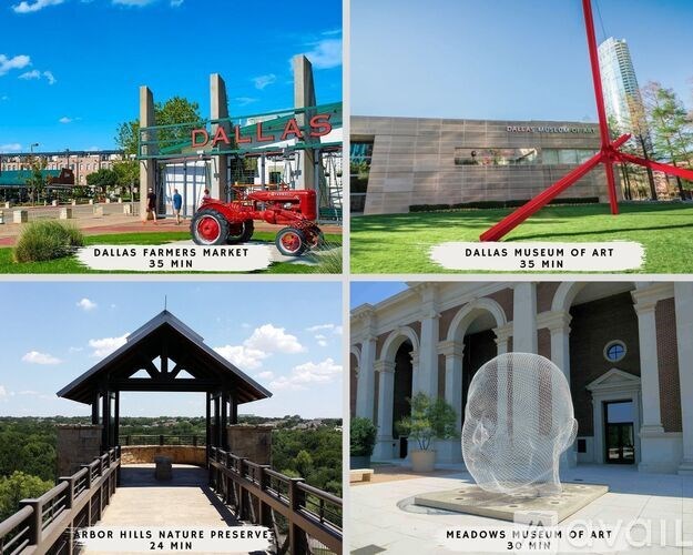 Dallas Museum of Art, Farmers Market, and Barbor Hills Nature Preserve are all within a 35-minute drive of each other.