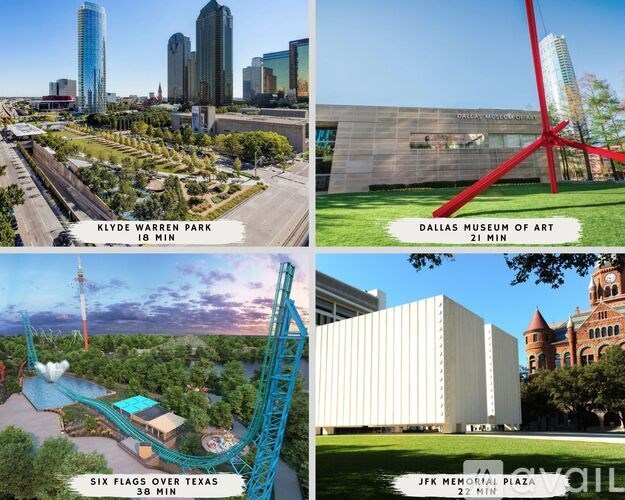 A collage of four images showcasing various attractions including Klyde Warren Park, Six Flags Over Texas, Dallas Museum of Art, and JFK Memorial Plaza.