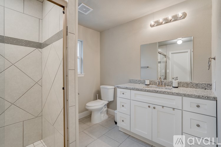 A bathroom with a white toilet, sink, and a walk-in shower.