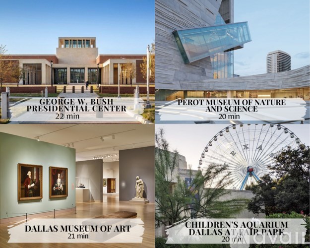 A collage of four images showing the George W. Bush Presidential Center, the Perot Museum of Nature and Science, the Dallas Museum of Art, and the Children's Aquarium at Dallas's Aquapark.