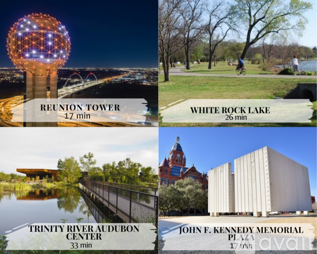 A collage of four images showing the Reunion Tower, White Rock Lake, Trinity River Audubon Center, and John F. Kennedy Memorial Plaza.