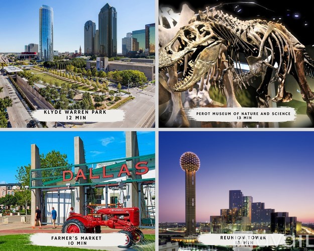 A collage of four images showcasing Klyde Warren Park, the Perot Museum of Nature and Science, the Farmers Market, and the Reunion Tower in Dallas.