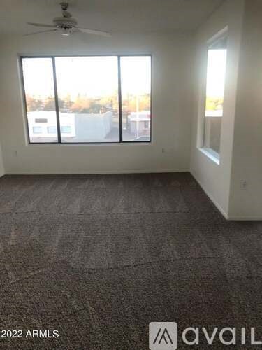 A room with a carpeted floor and a ceiling fan.