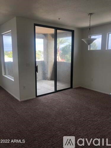 A room with a carpeted floor and a sliding glass door leading outside.