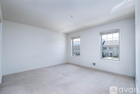 A spacious room with two windows and a carpeted floor.