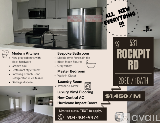 A real estate listing for a property at 531 Rockpit Rd, advertising a modern kitchen and other features.