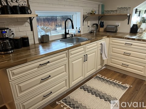 A kitchen with wooden cabinets and a sink.