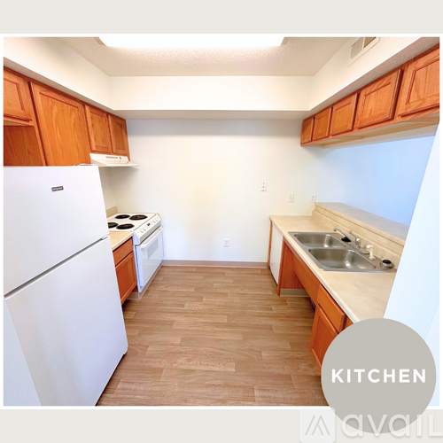 A kitchen with wooden cabinets and a white refrigerator.
