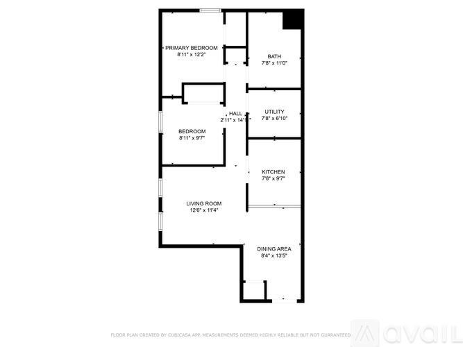 A floor plan for an apartment with a living room, dining area, kitchen, bathroom, and two bedrooms.