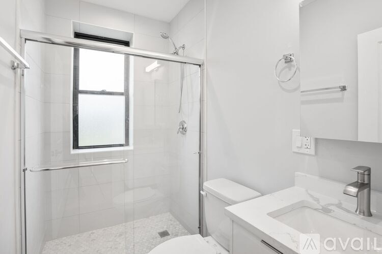 A white bathroom with a walk-in shower and a toilet.