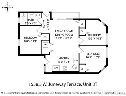 A black and white image of a floor plan for a 3-bedroom apartment.