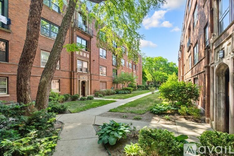 A tree-lined walkway between two red brick buildings.