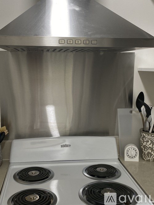 A stainless steel kitchen hood with four burners below it.