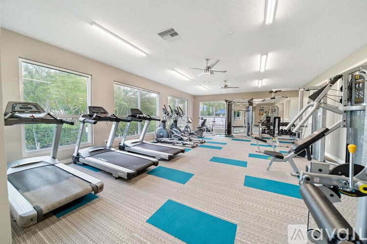 A gym with treadmills, elliptical machines, and other exercise equipment.