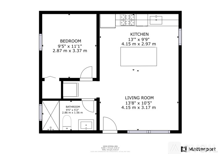 A floor plan of a small apartment with a bedroom, living room, and bathroom.
