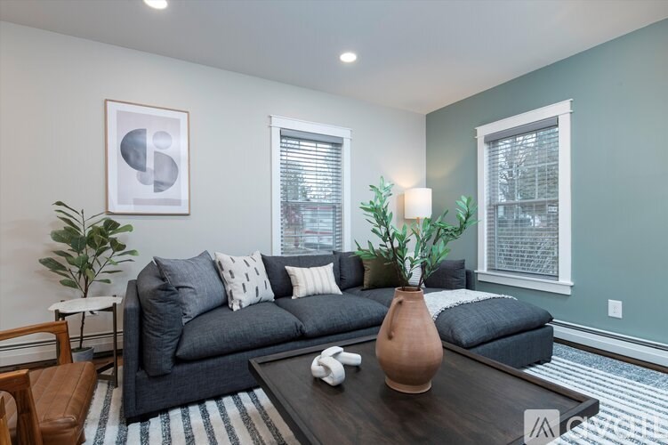 A living room with a grey couch, a wooden coffee table, and a plant on it.