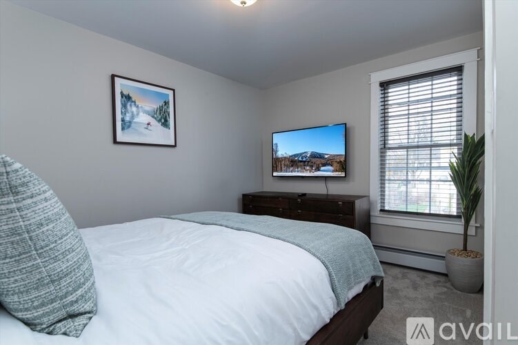 A bedroom with a bed, a dresser, and a television.