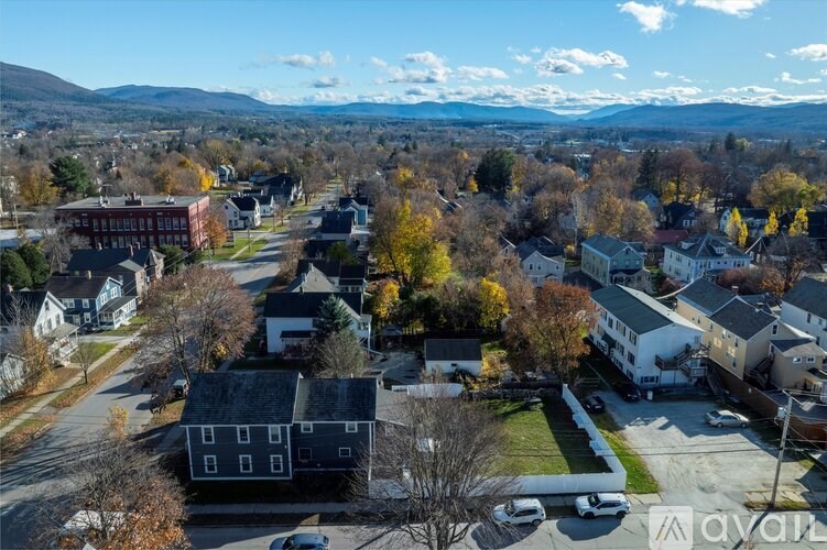 A small town with a mountain in the background.