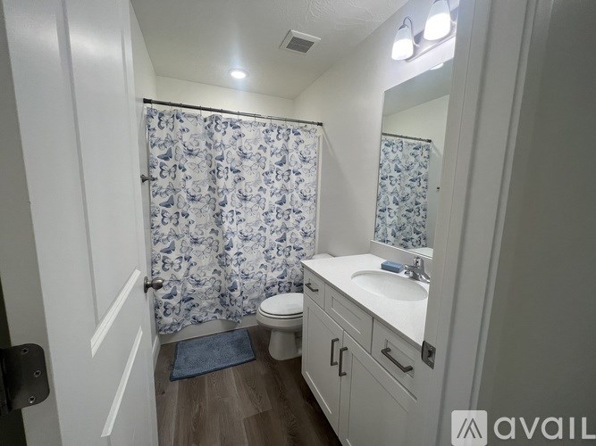 A bathroom with a toilet, sink, and shower curtain.