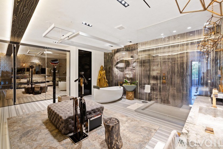 A modern living room with a large mirror on the wall.