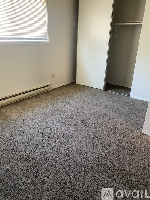 A carpeted room with a door and a window.