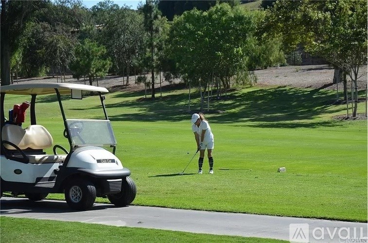 A golfer is on the course with a golf cart nearby.
